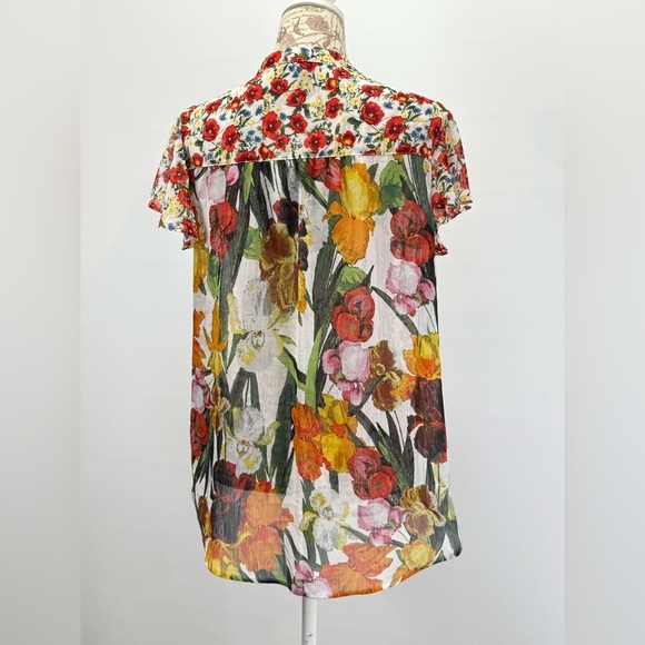 FIGUEROA & FLOWER Red and yellow sheer floral print top size PXL - Picture 3 of 13